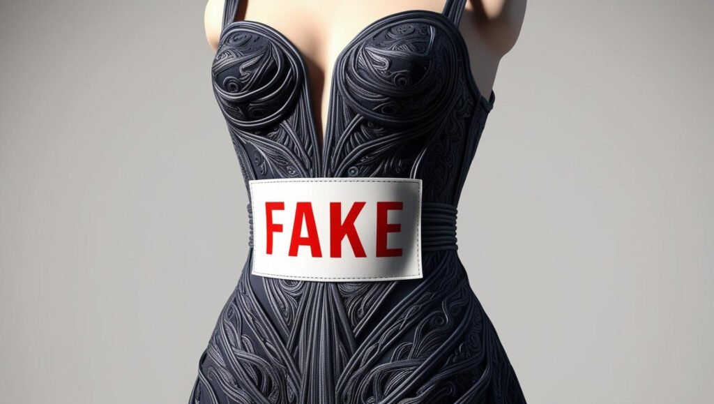 Vestito nero generato con AI con scritto sopra "fake"
