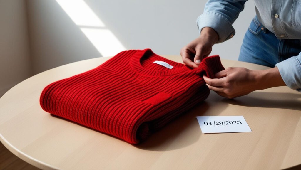 Una persona scatta una foto di un maglione con una data su un tavolo