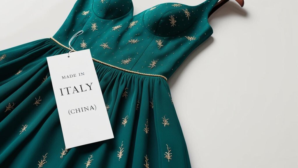 Immagine AI di un vestito "Made in Italy" in realtà prodotto in Cina con sopra scritto "made in Italy (China)"