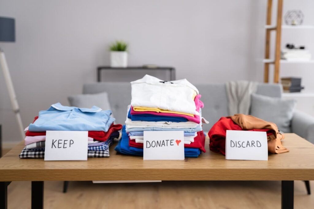 Vestiti di decluttering ordinati in tre pile: tenere, donare, buttare
